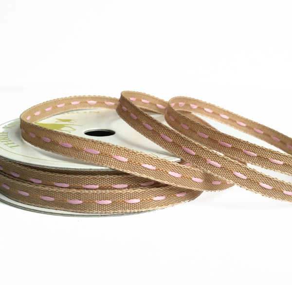 Natural Ribbon with Centre Stitch - Pink - 6mm