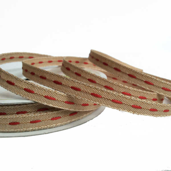 Natural Ribbon with Centre Stitch - Red - 6mm