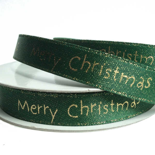 Sparkly Merry Christmas Ribbon - Green - 10mm